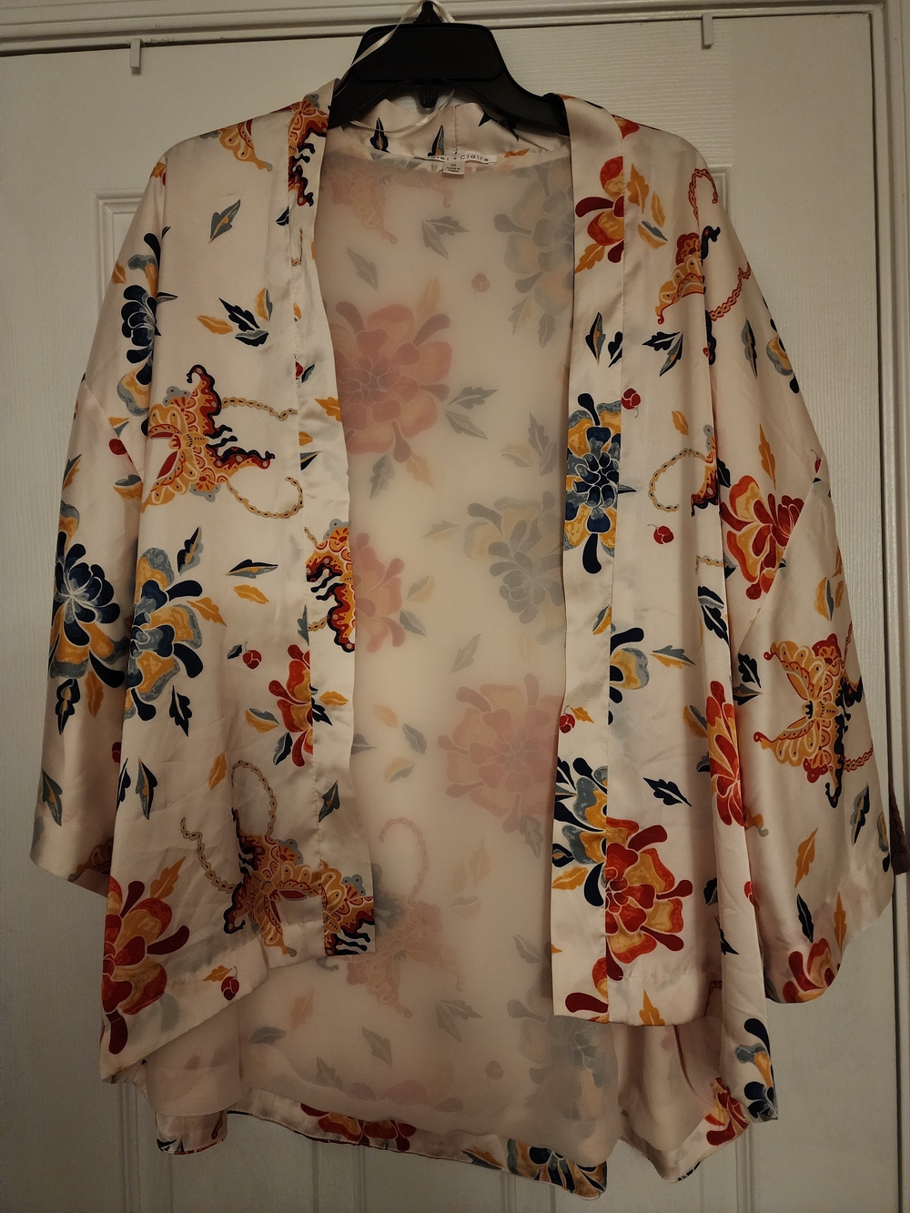 Violet & Claire Cream Satin Floral Open-Front Kimono